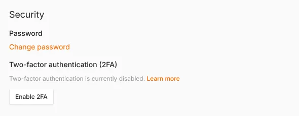 n8n Personal Settings security section showing Change password and the Two-factor authentication option with an Enable 2FA button