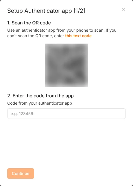 The n8n Setup Authenticator app dialog with a QR code (blurred) and a field for the code from the authenticator app