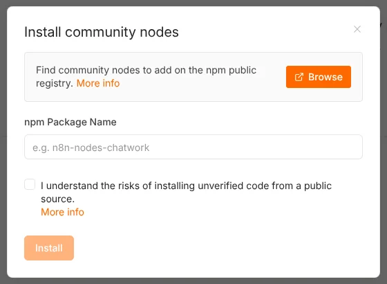 The n8n self-hosted settings screen for installing a community node by its npm package name, with a checkbox to accept the risks of unverified code