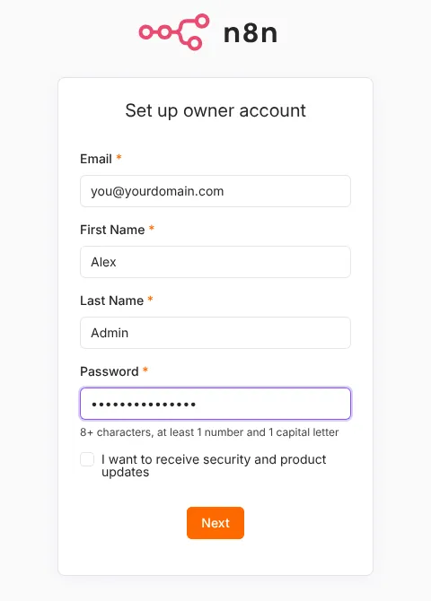 n8n owner account setup screen shown on the first visit