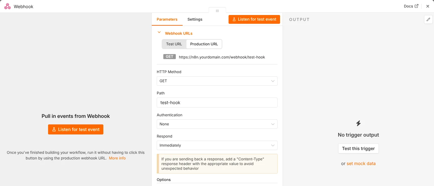 n8n Webhook node with the Production URL tab showing an https address on the n8n subdomain